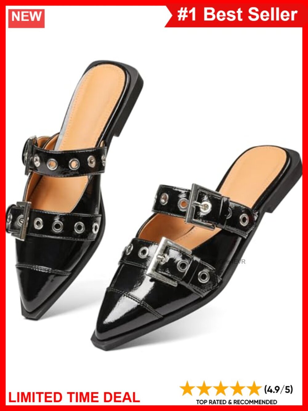 Pointy Toe Mules Low Block Heel Buckle Ballet Flats